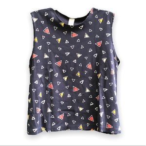 Lands End Vintage Sleeveless Navy Blue Top with 90s Triangle Print - XL 18-20
